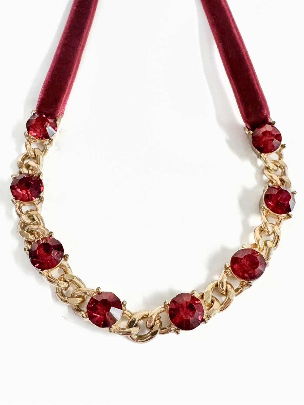 Velvet Crystal & Chain Choker Necklace Burgundy Dark Red Gold
